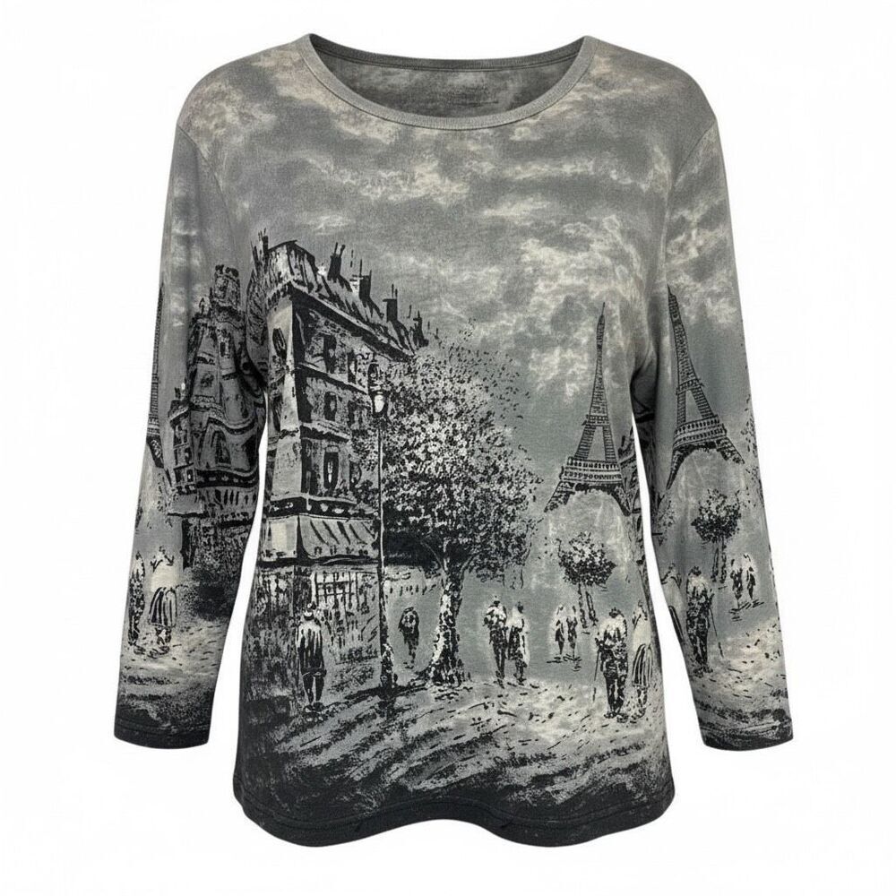 Y2K TAKE TWO Women’s Top XL Gray‎ Paris Eiffel Tower Beaded 100% Cotton Tee Vtg